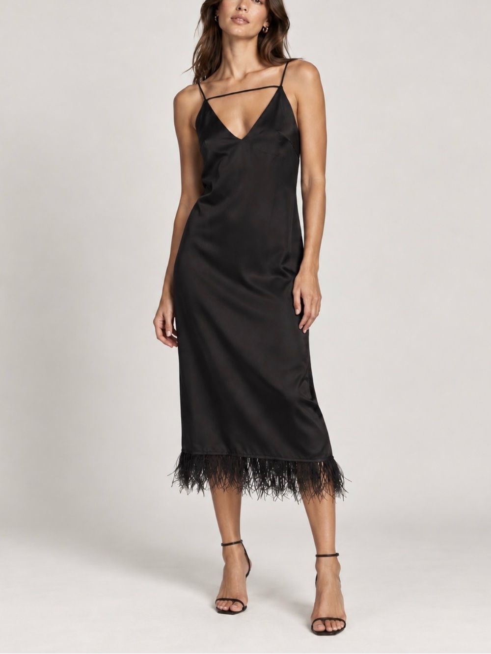 NWT o.p.t. Black Satin Midi Slip Dress with Feather Hem